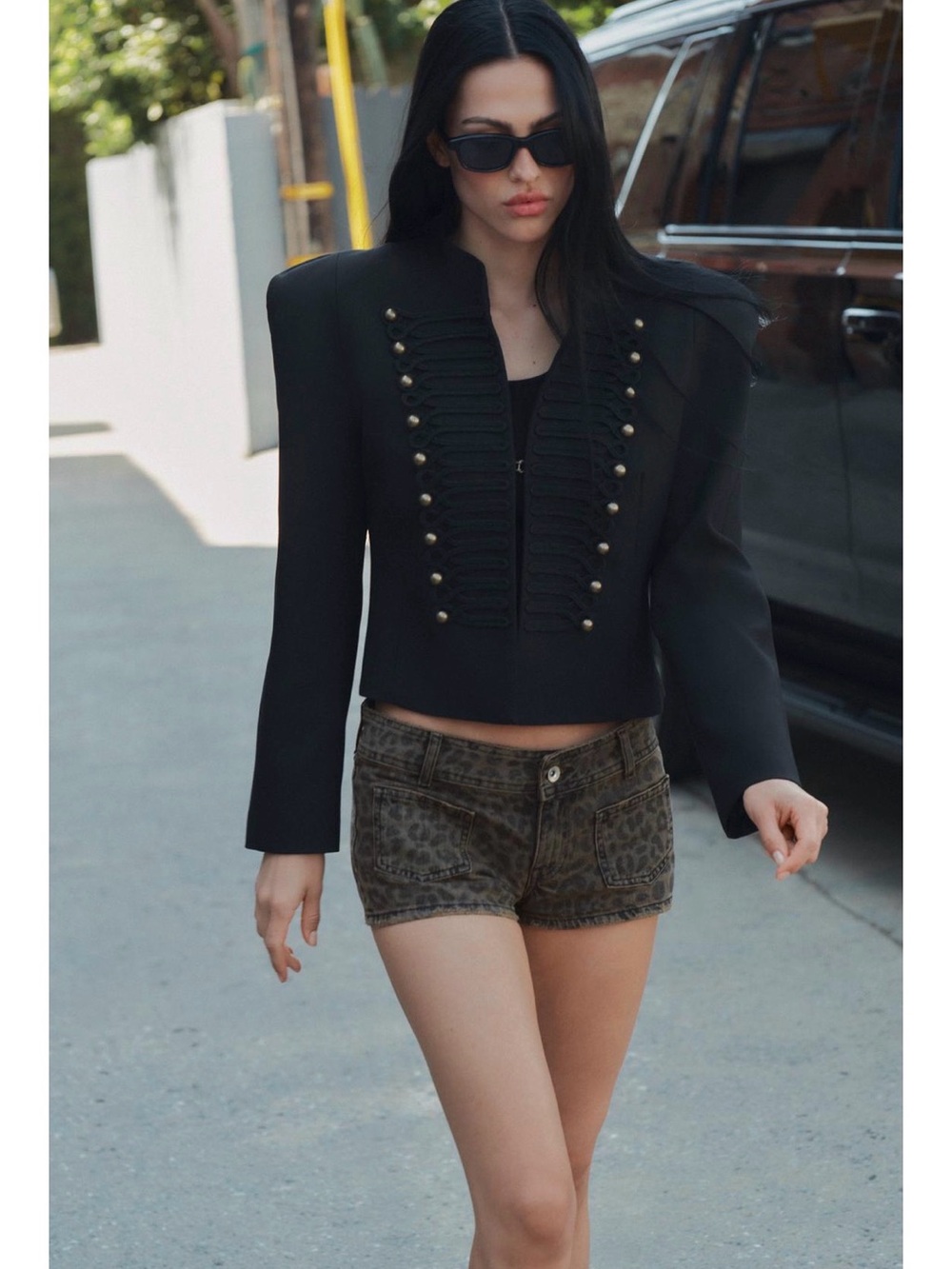 Zara Black Military-Style Cropped Blazer with Gold Buttons